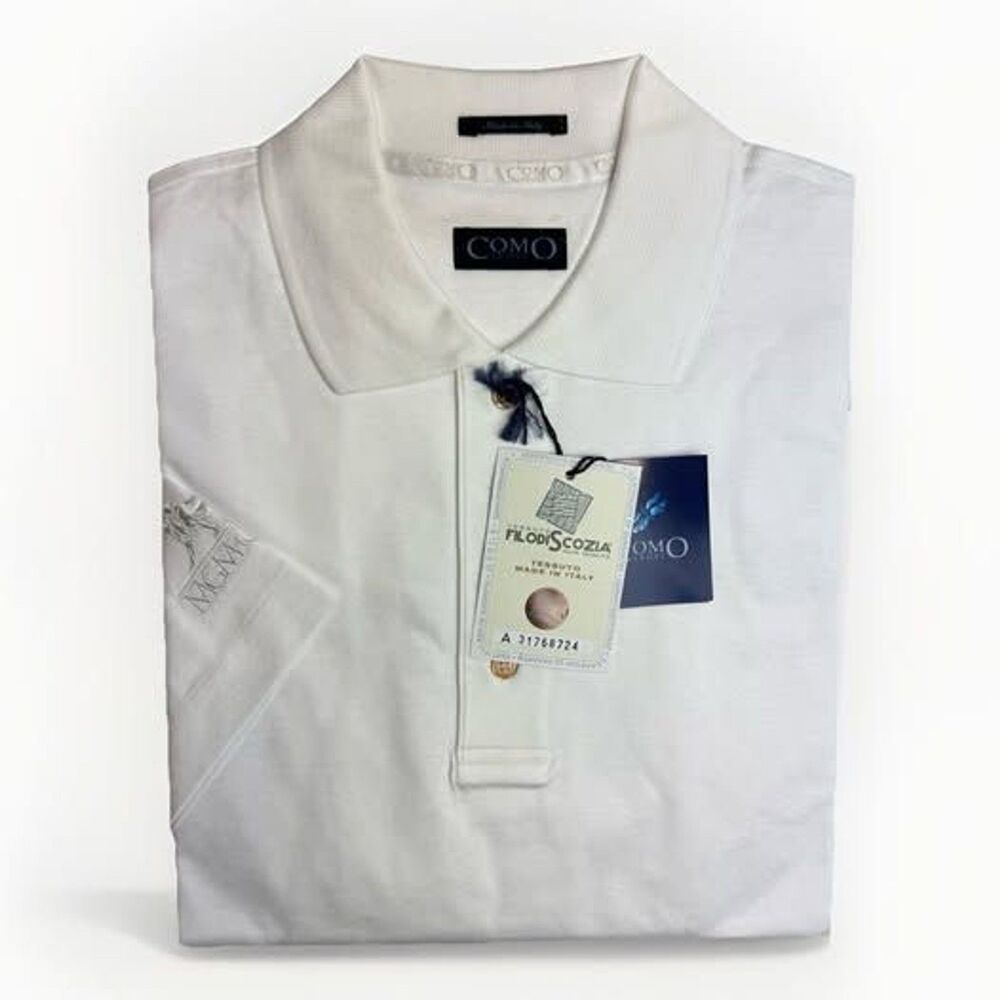 COMO Sport Mens Medium Polo Shirt White Filodiscozia Italy Cotton MGM Grand Logo